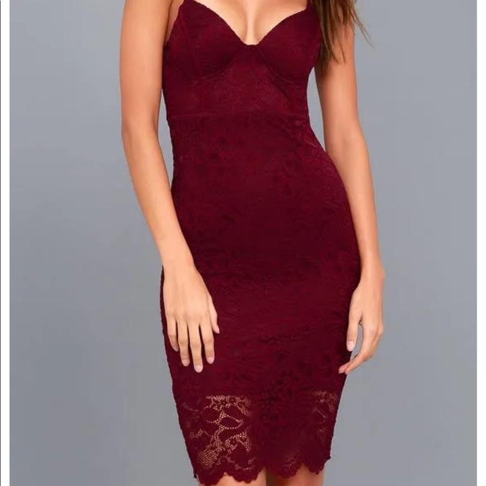 Lulus Burgundy Wishful Wanderings Lace Bodycon Midi Dress